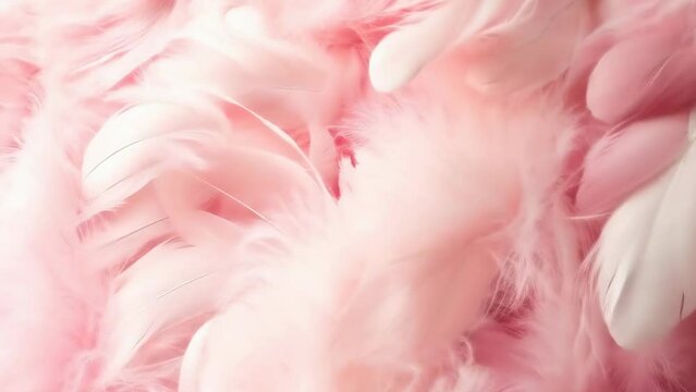 Close-up view of soft, white feathers, creating delicate, serene background. The subtle shades, gentle texture convey tranquility and softness, ideal for projects requiring a subtle, aesthetic touch