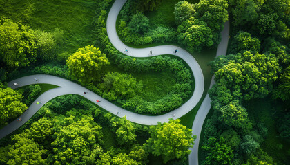 featuring an aerial view of a winding park trail with joggers at various points along the path, highlighting the expanse and allure of the natural environment, Exercising, Running,