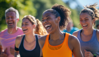 showing a diverse group of people jogging together, laughing and talking, showcasing community and social aspects of running, Exercising, Running, Healthy Lifestyle, Sport, Jogging