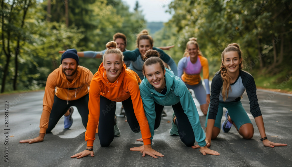 Poster capturing a dynamic group of friends stretching together before a run, emphasizing the social and pr