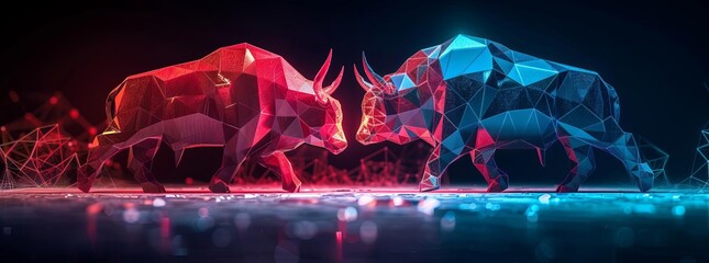 concept of stock market exchange or financial technology, polygon bull and bear with futuristic element, photography. Wellness and Support photography