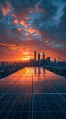 Concept of sustainable energy solution in beautifull sunset backlight Frameless solar panels, battery energy storage facility, wind turbines and big city with skycrapers in backgro