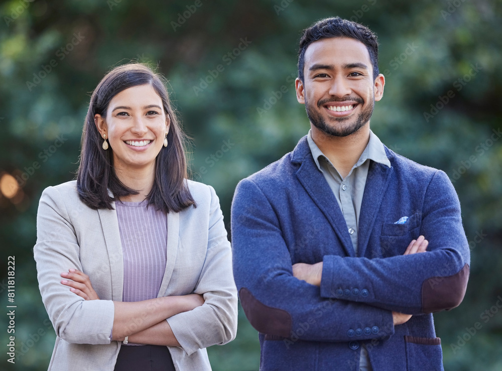 Sticker Business, people and happy in outdoor on portrait for career or job growth and opportunity as banker. Partner, confidence and smile or proud with teamwork, collaboration and progress in New York