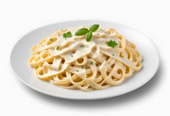 Bowl of fettucini alfredo with garnish isolated on transparent background, top-down view, view from above, delicious Italian pasta dish food for menu. generative ai
