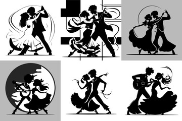 Black and white Spanish traditional dancing collection. set of abstract silhouette designs of a young couple performing a flamenco. 