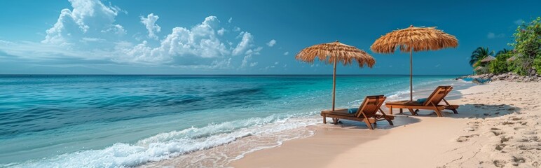 Two empty seats under palm leaf parasols stand on the beach with a beautiful blue sea in the background，Serene Beach Getaway - 4K Wallpaper Featuring Palm Leaf Umbrellas