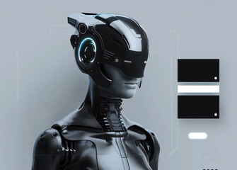 Black Cyber Robot Portrait on grey Background with Place For Text