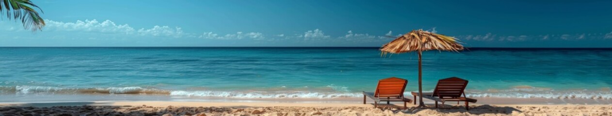 Obraz premium Two empty seats under palm leaf parasols stand on the beach with a beautiful blue sea in the background，Serene Beach Getaway - 4K Wallpaper Featuring Palm Leaf Umbrellas