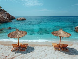 Two empty seats under palm leaf parasols stand on the beach with a beautiful blue sea in the background，Serene Beach Getaway - 4K Wallpaper Featuring Palm Leaf Umbrellas