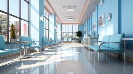 Waiting room with blue chairs in modern hospital.
