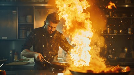 Photo of chef working and using wok stirring vegetables. Cook in uniform cooking food by holding wok with fire at modern kitchen. Close up of asian chef hand cooking and burning meat with fire. AIG42. - Powered by Adobe
