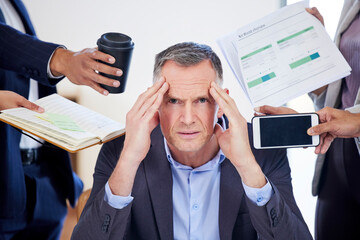 Portrait, businessman and headache with documents, time management or stress with burnout for...
