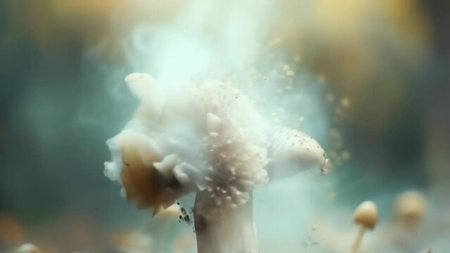 Mushroom amidst a spectacular explosion of spores, set against a mystically foggy background. Dynamic movement soft, dreamy lighting make it perfect for themes of nature, fantasy, unseen fungal world