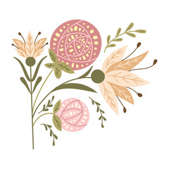Abstract floral asymmetrical composition in folk fantasy style. Vector flat hand drawn illustration in muted colors and boho style isolated on white background. Ideal for home decor or printout