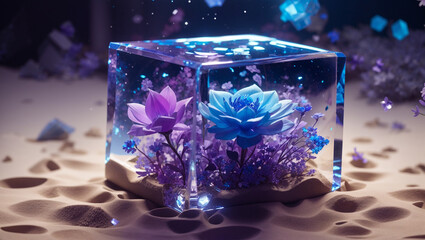 A blue and purple flower encased in a glass cube.