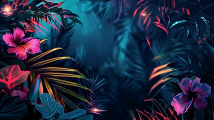 Tropical paradise illuminated by neon lights, highlighting exotic flowers and lush foliage