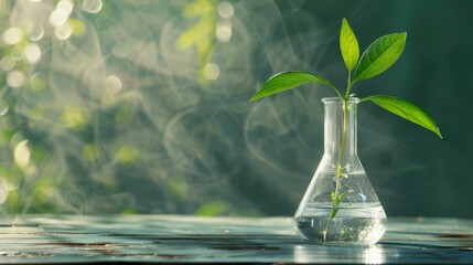 Young plant in a laboratory flask on a natural background symbolizing biotechnology.