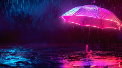 Neon umbrella shines under the rain, symbol of insurance