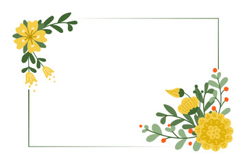 Greeting card template with flowers in flat simple style. Horizontal floral banner for social media or invitation for wedding, anniversary or birthday. Modern abstract hand drawn flowers isolated