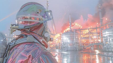 A cinematic image of a firefighter in gear, observing a massive blaze at an industrial facility, with flames and smoke billowing in the background, emphasizing the scale and intensity of the fire emer