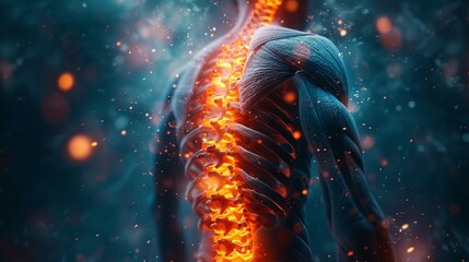A detailed illustration of the pain in the lumbar spine and spinal cord, focusing on human back pain The image highlights the spinal cord injury pain in sacral region, depicted in glowing redorange to