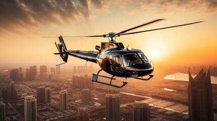 Helicopter on fly, taxi helicopter above financial district, helicopter charter. Helitaxi