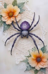 purple spider sitting on white lace background, two orange flowers grace scene, vertical banner. concepts: spider day, lace weaving, Halloween aesthetics, floral and arachnid themes, web design