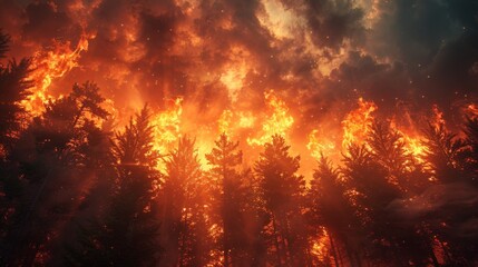 Forest on fire, hot summer day，Blazing Forest Inferno - Captivating 4K Wallpaper for Hot Summer Days
