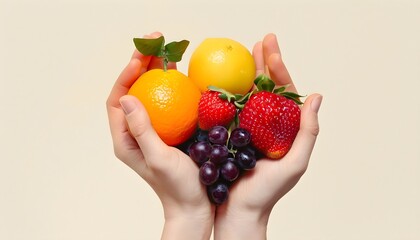 Hands holding fruits.	
