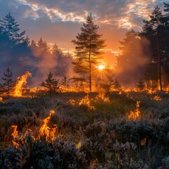 Obraz premium Forest on fire, hot summer day，Blazing Forest Inferno - Captivating 4K Wallpaper for Hot Summer Days 