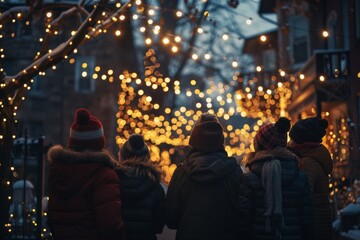 A joyful group of people singing carols as they stroll through a beautifully decorated neighborhood with twinkling festive lights.