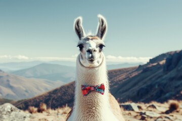 This image features a llama looking dapper and sophisticated in a fashionable bow tie, exuding charm and style.