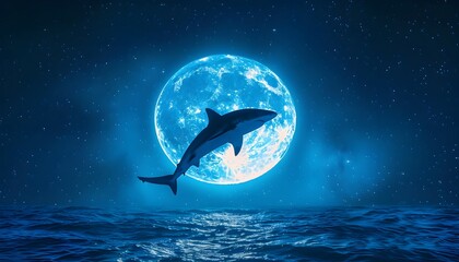 Silhouette of a shark with blue full moon at night