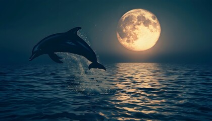 Silhouette of a dolphin with full moon at night	
