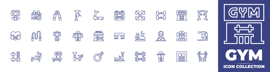 Gym line icon collection. Editable stroke. Vector illustration. Containing gymstation, workout, bench, handgrip, rowingmachine, forbidden, skipping, dumbbell, multi, gymmachine.