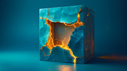 A 3d rendering of a blue box with cracks.
