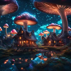 fantasy mushroom village landscape with scene