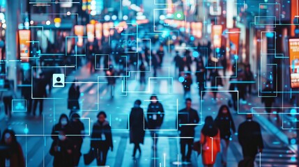 Business people walking on a busy urban street, tracked by technology. CCTV cameras use AI facial recognition for big data analysis, scanning and displaying important information.