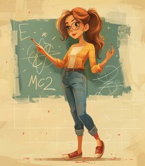 The girl is wearing a yellow shirt and jeans, and she is pointing at a chalkboard with a math...