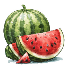 Watercolor style watermelon fruit, on white background.