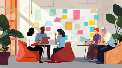 Amidst the energetic vibe of a startup office, team members gather in a cozy meeting area with bean bags and whiteboards, brainstorming innovative ideas.