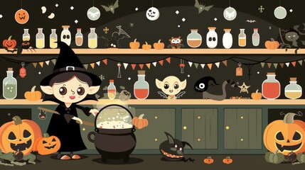 Enchanting Halloween Party Setup with Cute Witch and Spooky Decorations