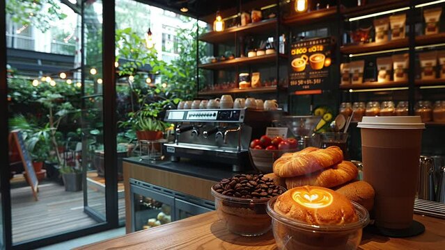 Parallax effect soft motion of cozy coffee shop setup fresh pastries coffee with steam modern decor. Kafe aesthetic. High quality 4k footage