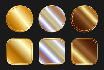 A set of colored sticker templates for a medal, badge. Label with metallic holographic effect of gold, bronze, silver. Round and square shiny rainbow emblems in different shapes. Vector EPS10