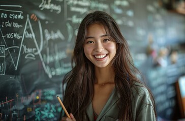 A woman with long hair is smiling and holding a chalk in front of a chalkboard with various writings on it.