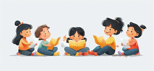 Three children sitting on the floor and reading books together.