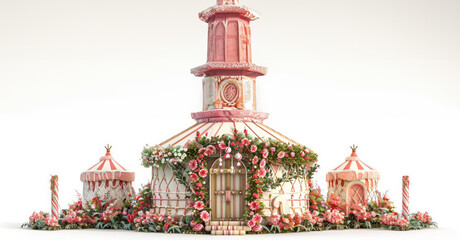 Obraz premium A pink building with a pink roof and pink flowers on it