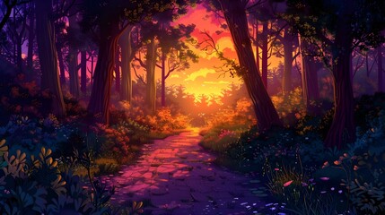 Enchanting Forest Path at Vibrant Sunset Landscape