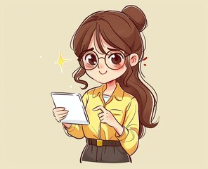 A girl wearing glasses and a yellow shirt is holding a tablet. She has a star above her head and a red dot on her cheek.