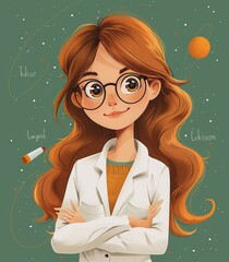 A cartoon illustration of a girl with long red hair wearing glasses and a white lab coat. She is smiling and appears to be a scientist or researcher.
